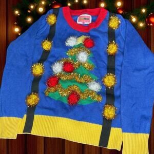 Tipsy Elves Mens Large Ugly Christmas Sweater Suspender Tree Ornaments Party Top